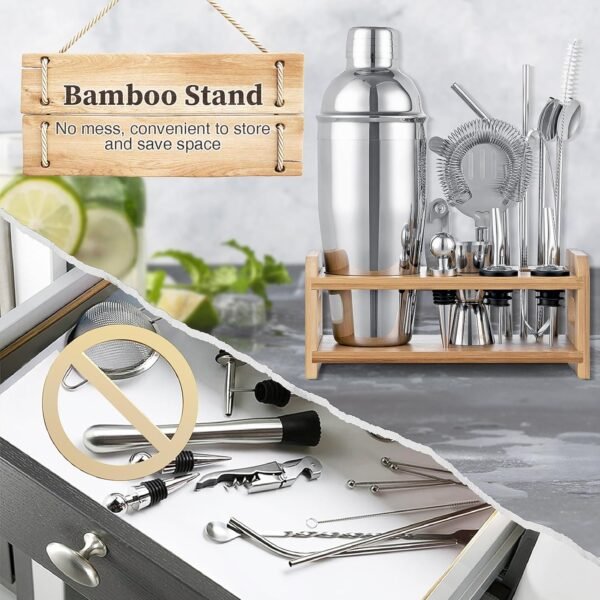 15PCS Cocktail Shaker Set, 750ml/25oz Bartender Kit with Stand & Recipes, Bar Tools Set with All Bar Essential Accessories,Martini Shaker Bartending Kit, for Drink Mixing Home Bar Party, Silver - Image 6