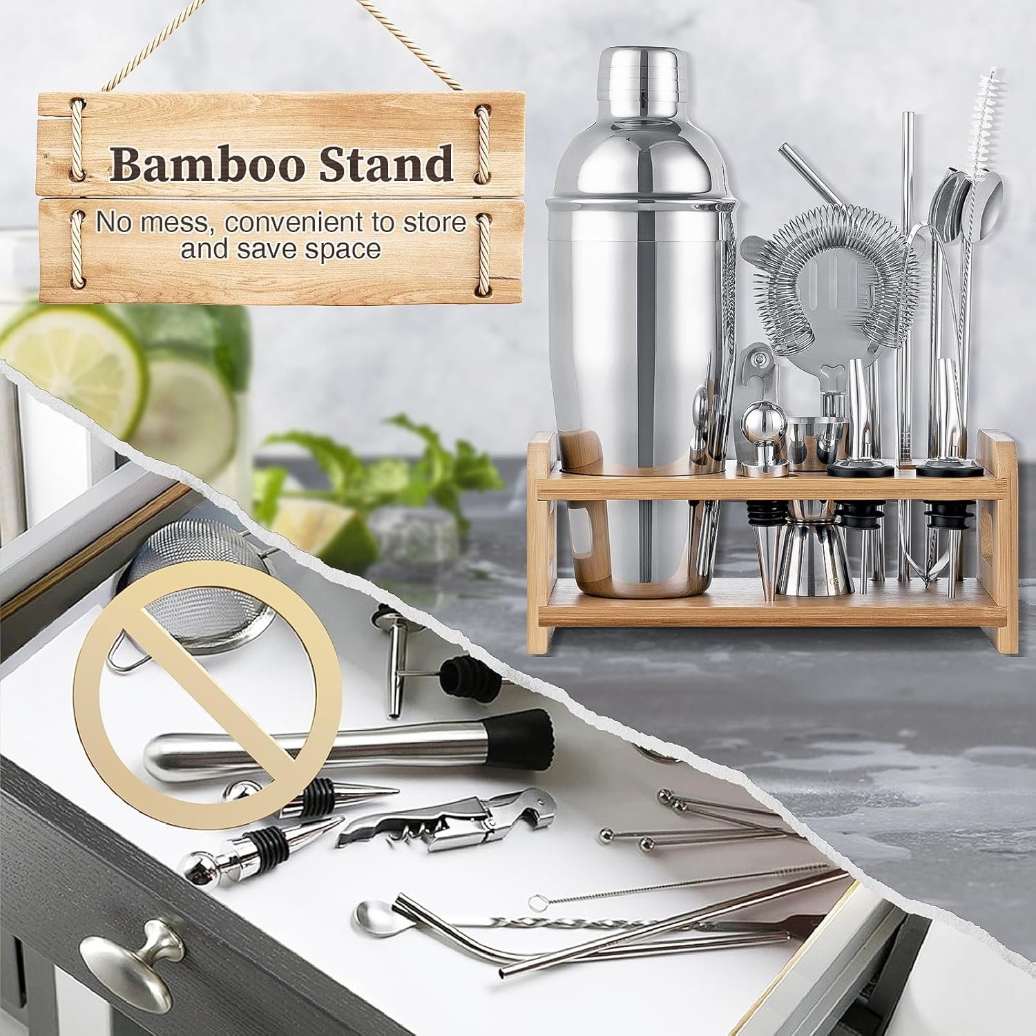 15PCS Cocktail Shaker Set, 750ml/25oz Bartender Kit with Stand & Recipes, Bar Tools Set with All Bar Essential Accessories,Martini Shaker Bartending Kit, for Drink Mixing Home Bar Party, Silver - Image 6