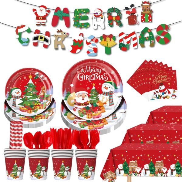 196 Pcs Christmas Party Decorations Supplies Christmas Dinnerware Sets for 24 Guests - Party Disposable Tableware Set - Plates, Napkins,Cups,Cutlery,Forks and Tablecloth for Xmas Party Decorations - Image 2