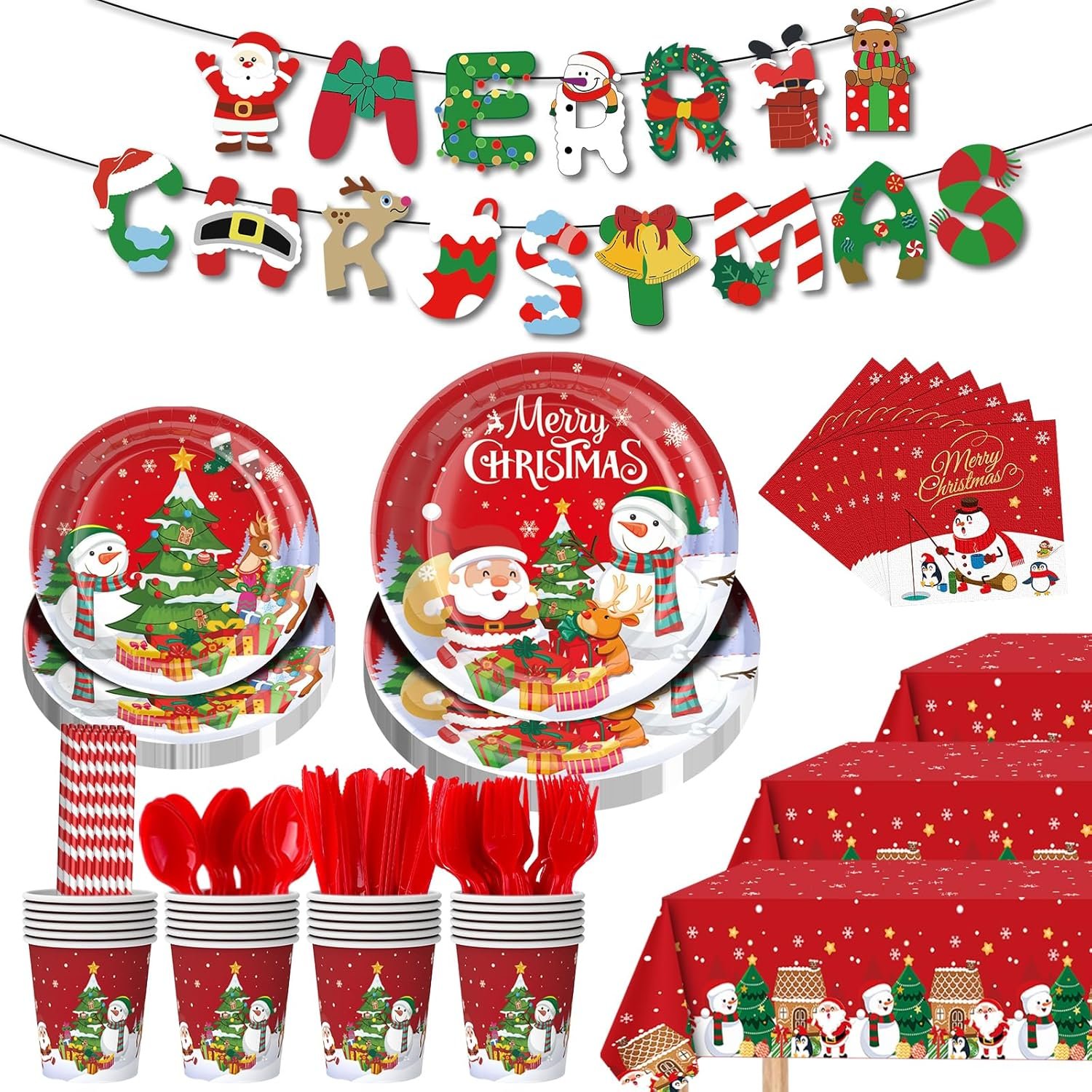 196 Pcs Christmas Party Decorations Supplies Christmas Dinnerware Sets for 24 Guests - Party Disposable Tableware Set - Plates, Napkins,Cups,Cutlery,Forks and Tablecloth for Xmas Party Decorations - Image 2