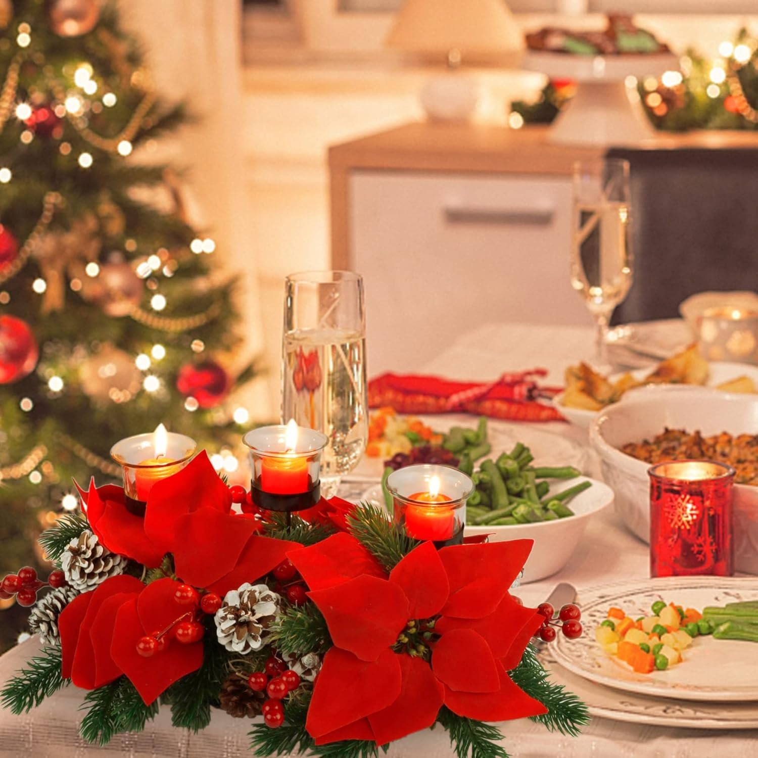 Juegoal Christmas Poinsettia Centerpiece with 3 Candle Holders, Pinecones and Red Berries, Christmas Decorations Holiday Candleabrum, Tabletop Centerpiece and Display - Image 8