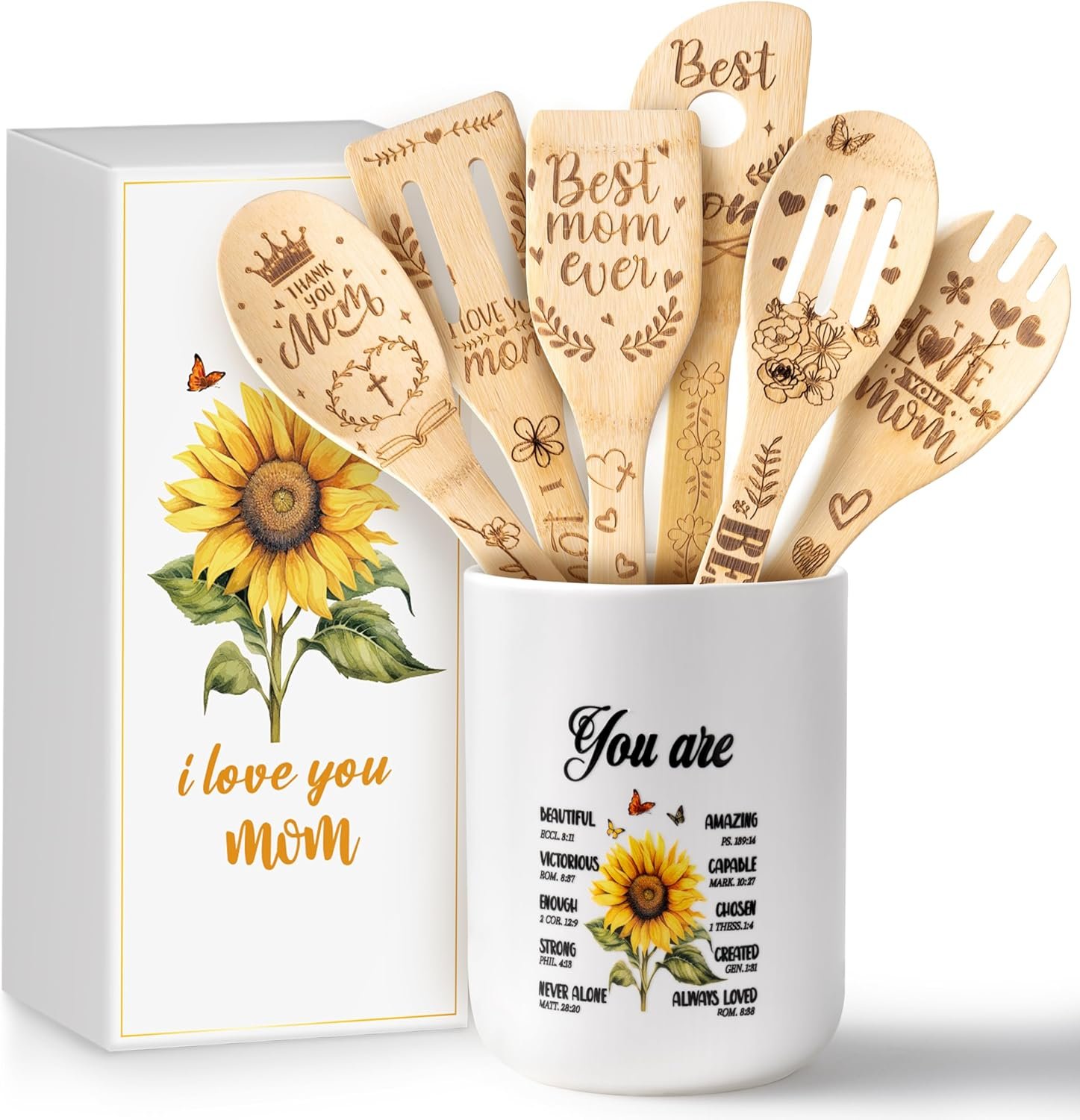 CJiangpo Mom Cooking Utensils Set - Sunflower Ceramic Utensil Holder with 6 Wooden Spoons Spatulas Set, Sunflower Kitchen Decor Cooking Tools Kitchen Gifts for Mom, Christmas Christian Gifts for Women - Image 2