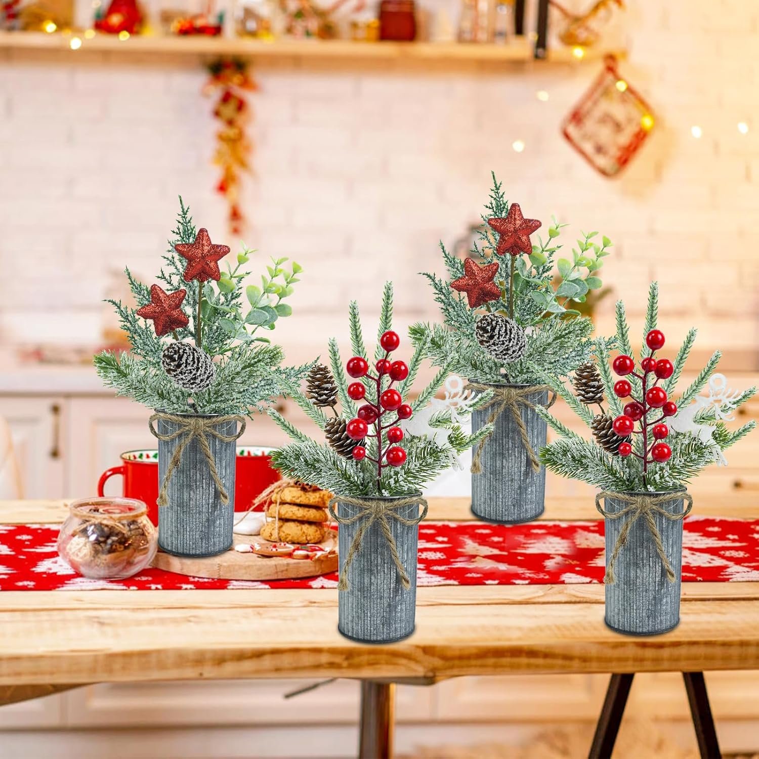 4 Pcs Christmas Centerpieces for Tables, Small Christmas Floral Arrangements Artificial Christmas Plants Christmas Berry Pine Cone Picks with vase for Holiday Home Farmhouse Party Decor - Image 6
