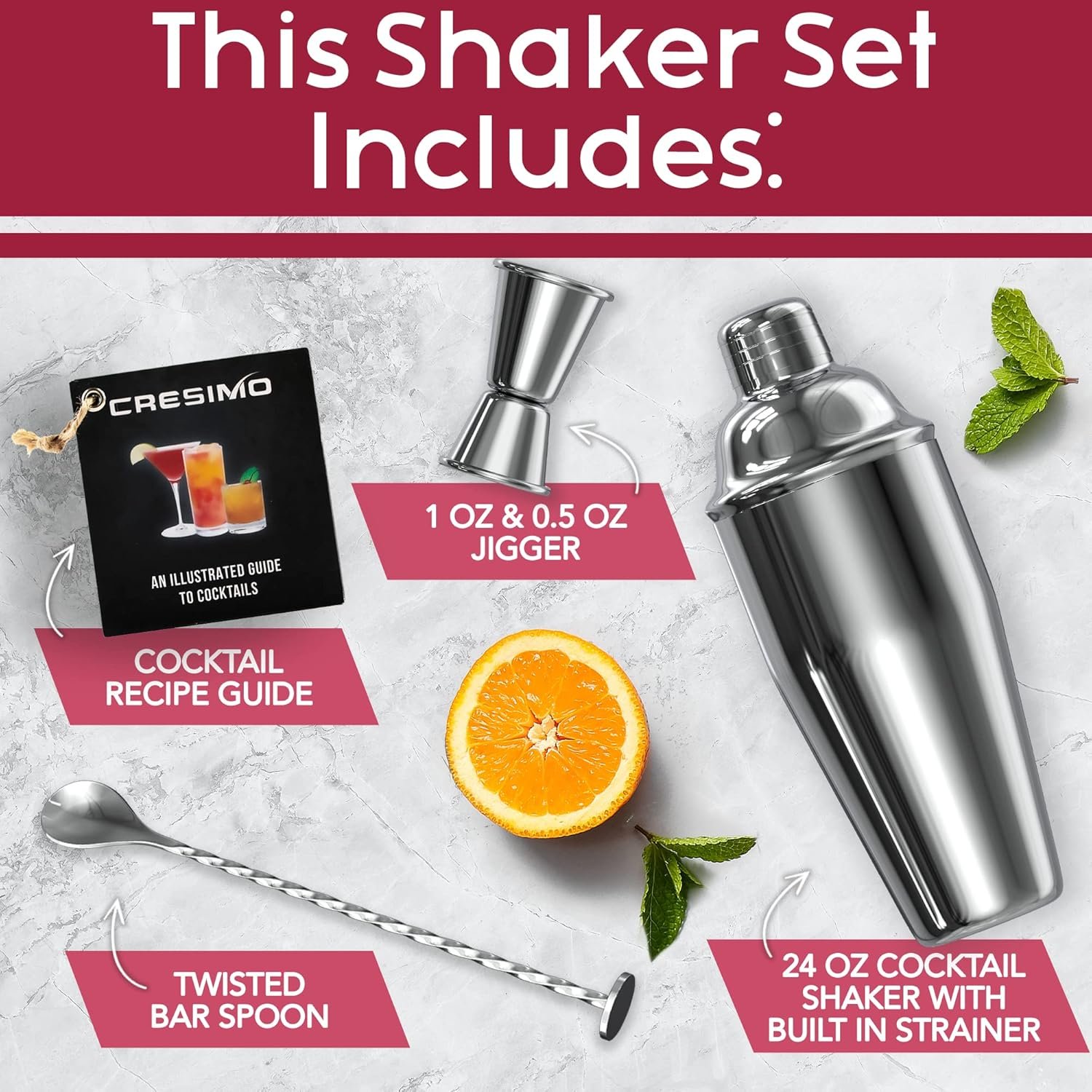 24oz Cocktail Shaker Set with Bar Accessories for Home Bar Shaker Set - Martini Shaker, Jigger, Drink Shaker Mixer Spoon - Alcohol Shaker Bartender Gift - Bartending Kit Essential for Home - Cresimo - Image 4