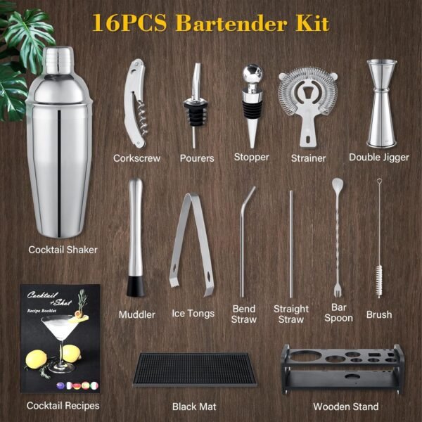 Cocktail Shaker Set, 16PCS Bartender Kit with Stand & Recipes, Bar Mat for Cocktail, Bar Tools Set with All Bar Essential Accessories Bartending Kit, for Drink Mixing Home Bar Party, Silver - Image 3