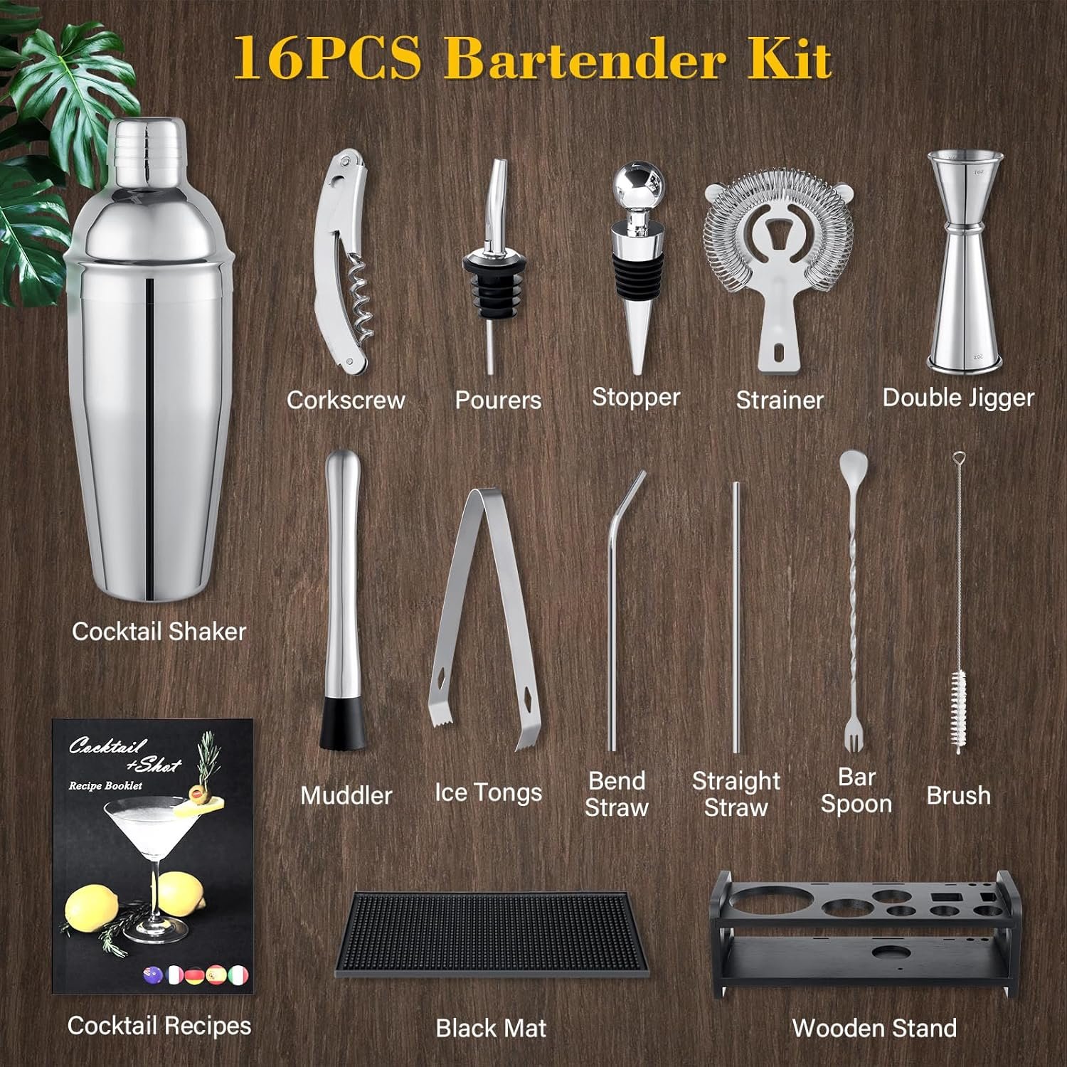 Cocktail Shaker Set, 16PCS Bartender Kit with Stand & Recipes, Bar Mat for Cocktail, Bar Tools Set with All Bar Essential Accessories Bartending Kit, for Drink Mixing Home Bar Party, Silver - Image 3