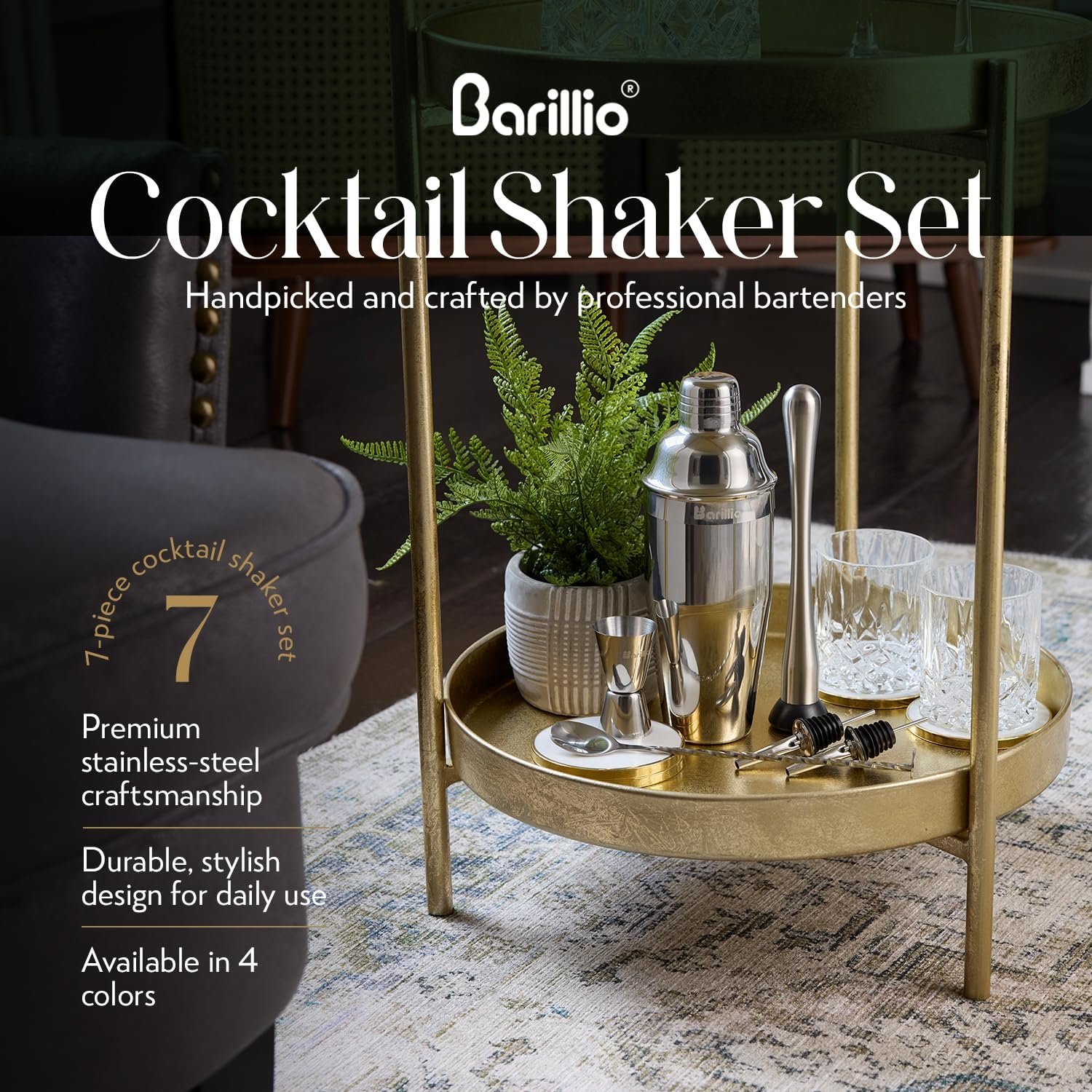 Barillio Mixology Bartender Kit - 8-Pc Stainless-Steel Travel Cocktail Shaker Set with Bag - Bar Tools Set w/Martini Shaker, Drink Mixer Spoon & Mojito Muddler for Cocktails - Bar & Bartending Kit - Image 3