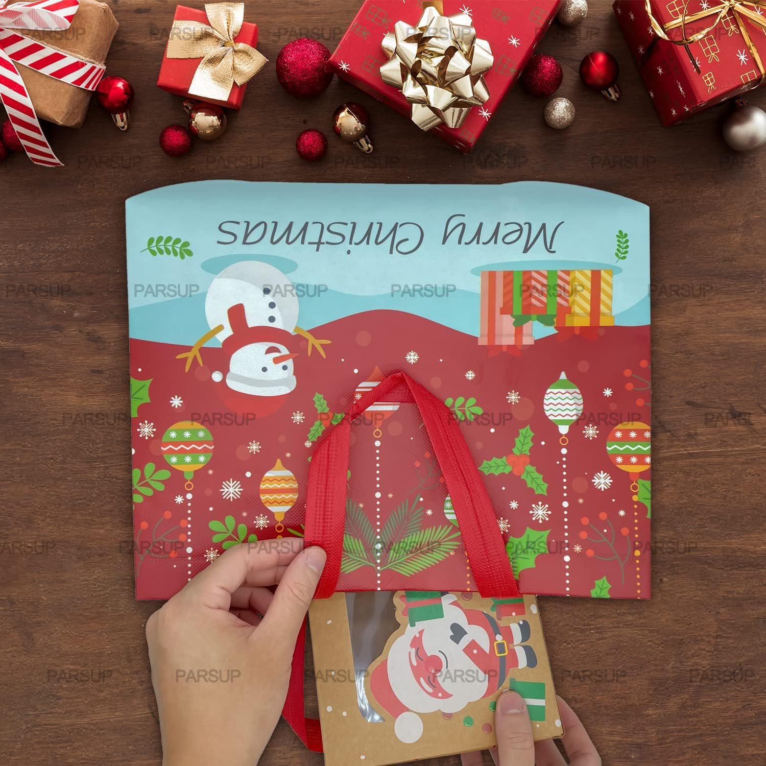 PARSUP 8PCS Christmas Gift Bags, Tote Bags with Handles, Treat Bags, Multifunctional Non-Woven Bags for Gifts Wrapping Shopping, Xmas Party Supplies, 12.8"×9.8"×6.7" - Image 5