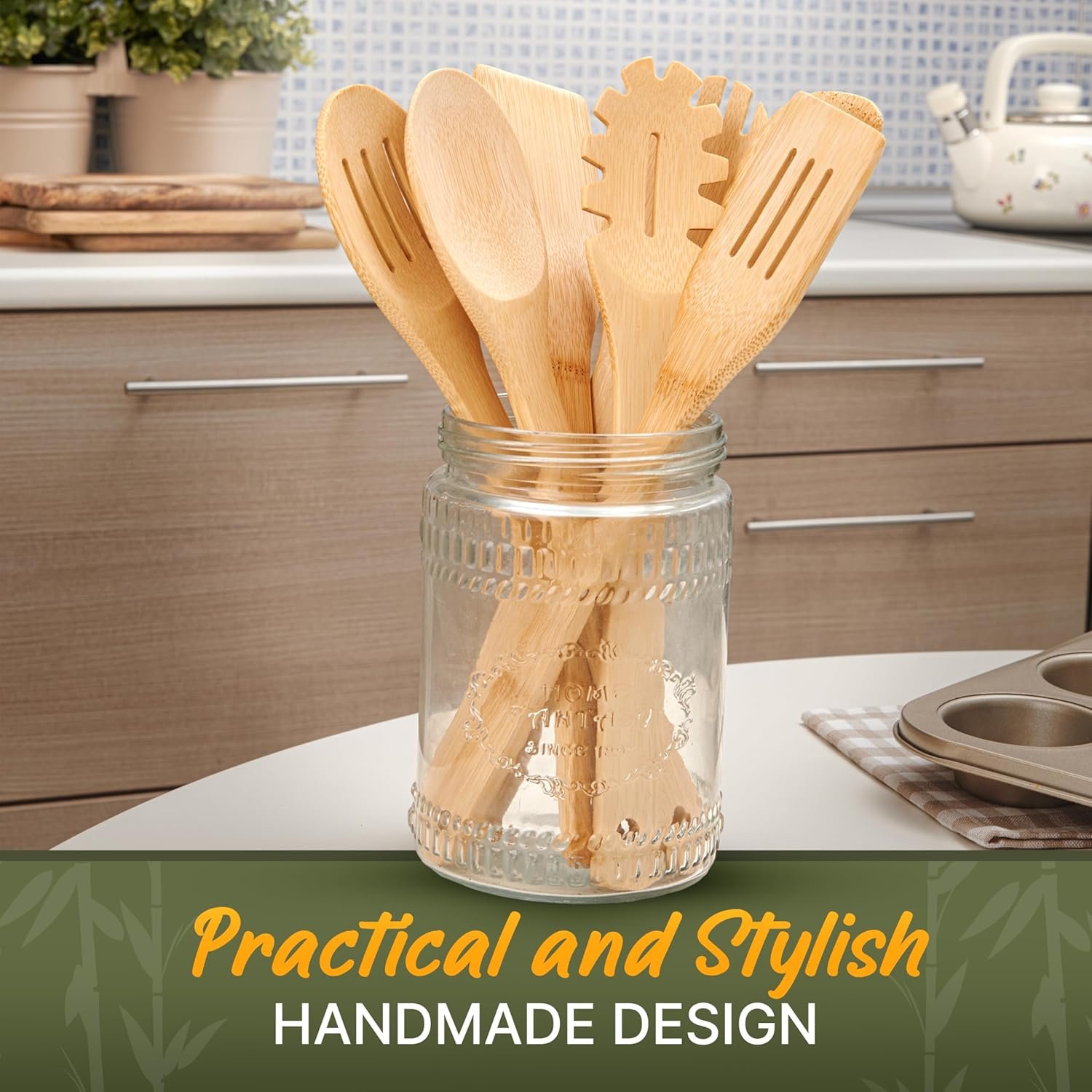 Wooden Utensil Set, Bamboo Wooden Cooking Utensils, Kitchen Gift Ideas – 7 PCs Easy to Clean Wooden Kitchen Utensil Set, Sturdy, Lightweight & Heat Resistant - Image 8