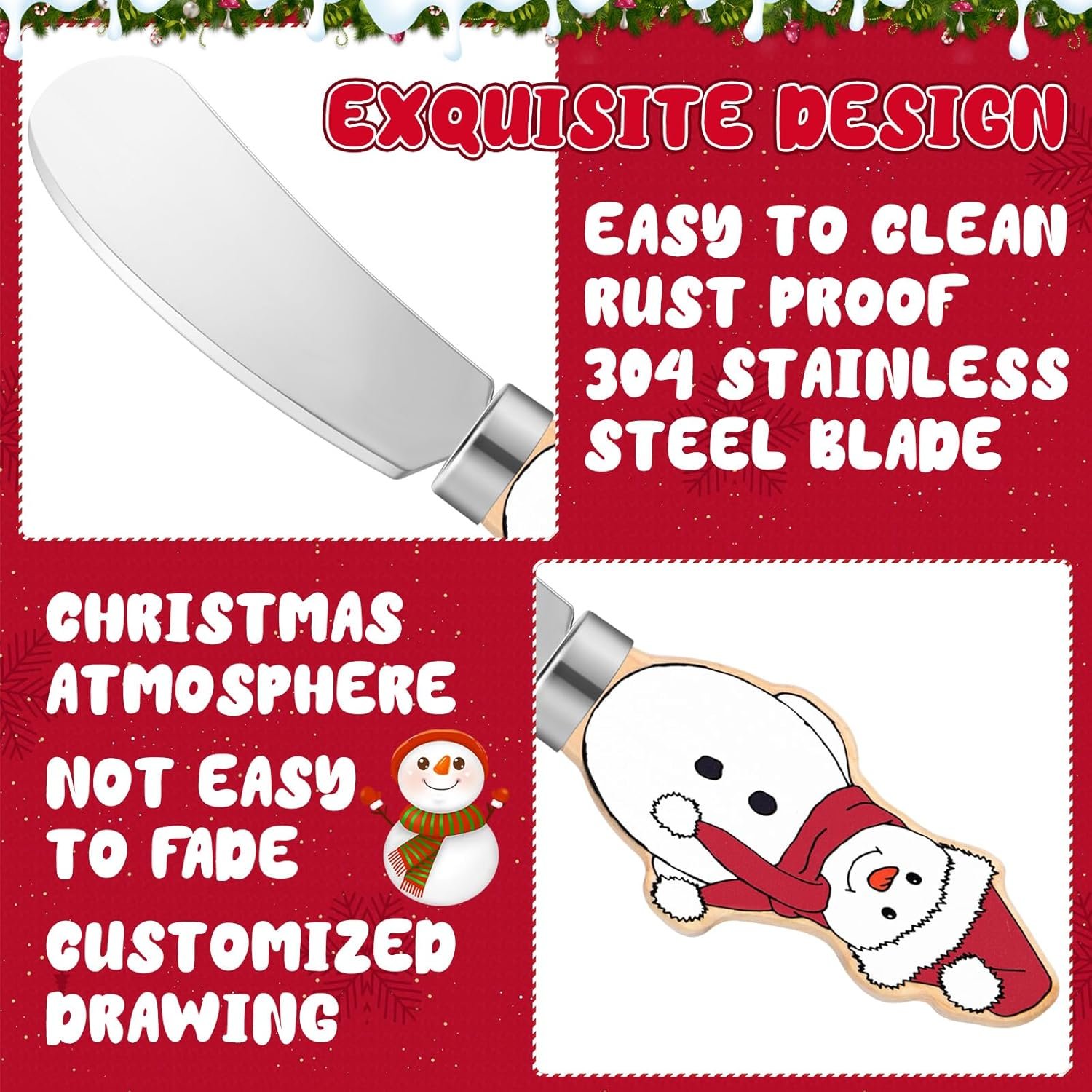 Sieral 10 Pcs Christmas Cheese and Butter Spreader Knives Cheese Spreader Butter Spreader Knives Multipurpose Christmas Decor with Hand Painted Wooden Handle Stainless Steel Blade (Snowman) - Image 7