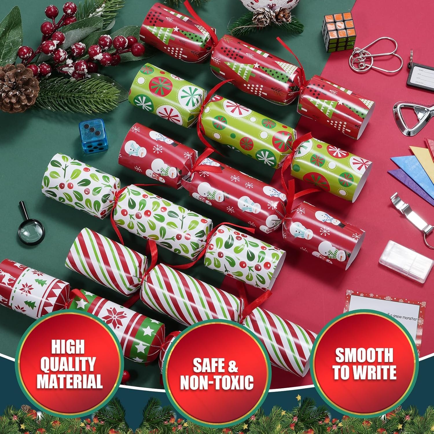 12Pack Christmas Party Favors Non-Snap, Christmas Red & Green Festive Design with Party Hat, Joke, Little Gifts, 6 Styles Christmas Party Crackers with Gifts for Kids and Adults Holiday Winter Dinners - Image 4