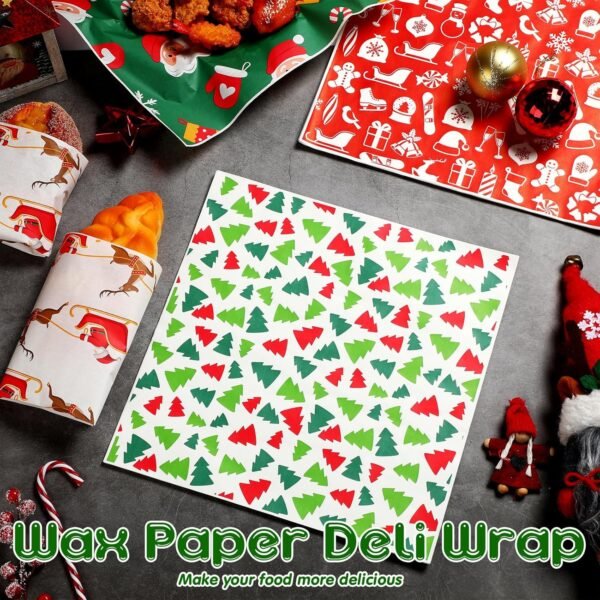 Spakon 400 Sheet Christmas Wax Paper for Food Wrapping 12 x 12 Inch 4 Styles Xmas Deli Paper Xmas Burgers Sandwich Wrap Print Deli Paper Basket Liners for Home Baking Gift Holiday Party Supplies - Image 6