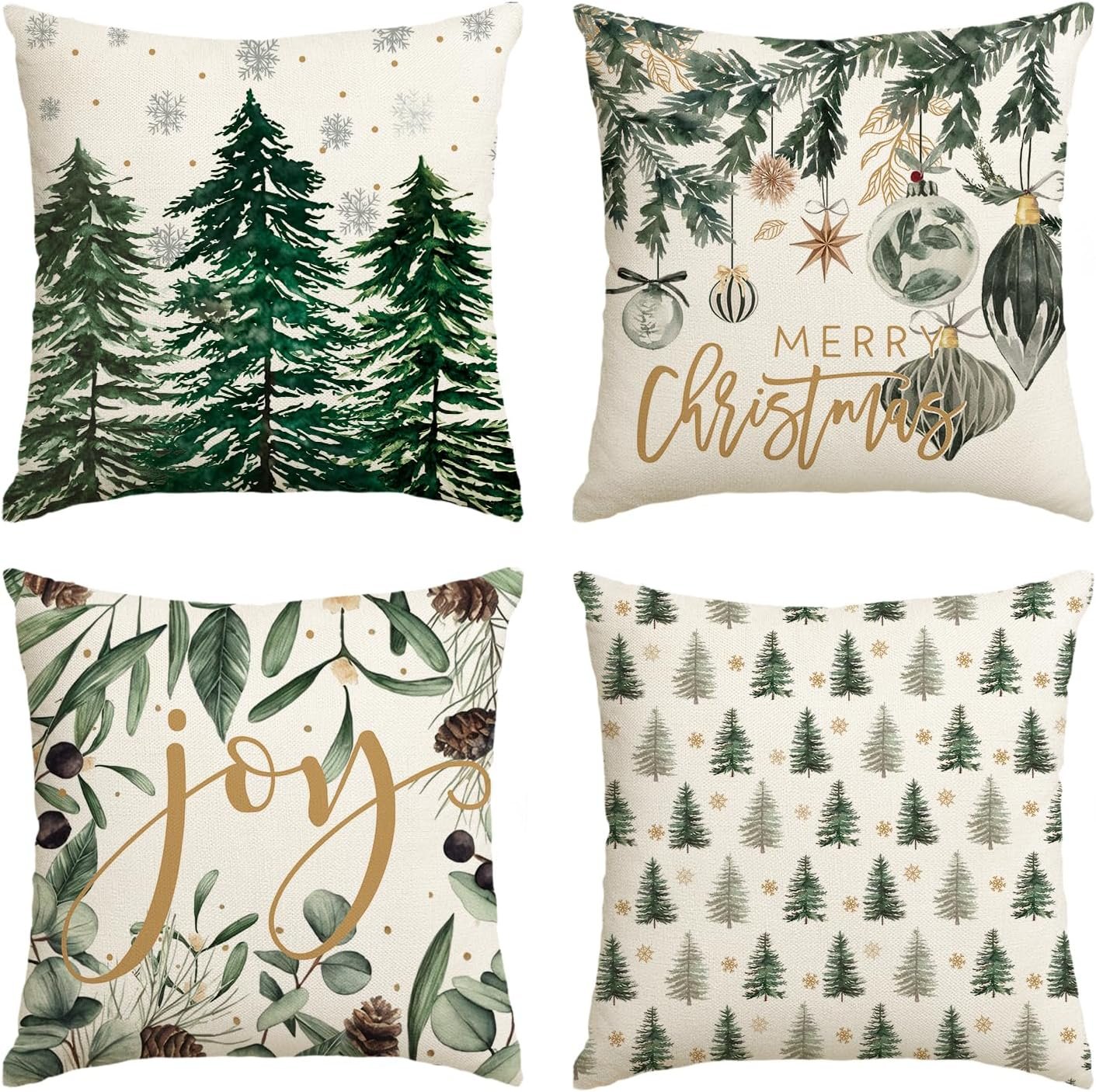 AVOIN colorlife Merry Christmas Trees Snowflake Throw Pillow Covers, 18 x 18 Inch Joy Xmas Balls Winter Holiday Cushion Case Decoration for Sofa Couch Set of 4 - Image 2