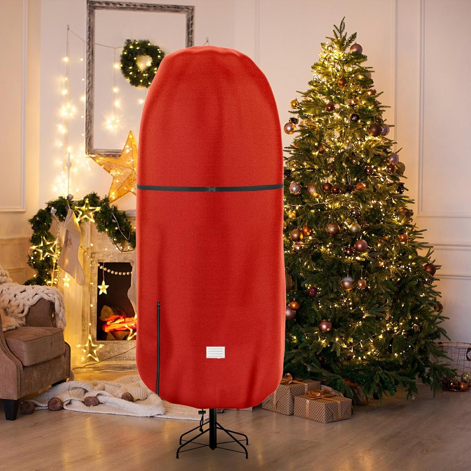 Upright Christmas Tree Storage Cover,Tear Resistant Adjustable 7.5 FT Xmas Tree Storage Bag for Artificial Tree Standing with Ornaments,Fabrics Christmas Tree Cover, Dustproof (Red) - Image 7