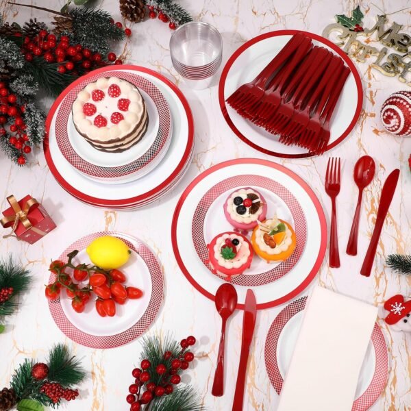 Yaomiao 350 Pcs Christmas Disposable Plates with Trim Set for Xmas Party Plastic Dinnerware 90z Cup Knives Fork Spoon Napkins Christmas Tableware for 50 Guests Gathering Wedding Holiday (Red) - Image 5