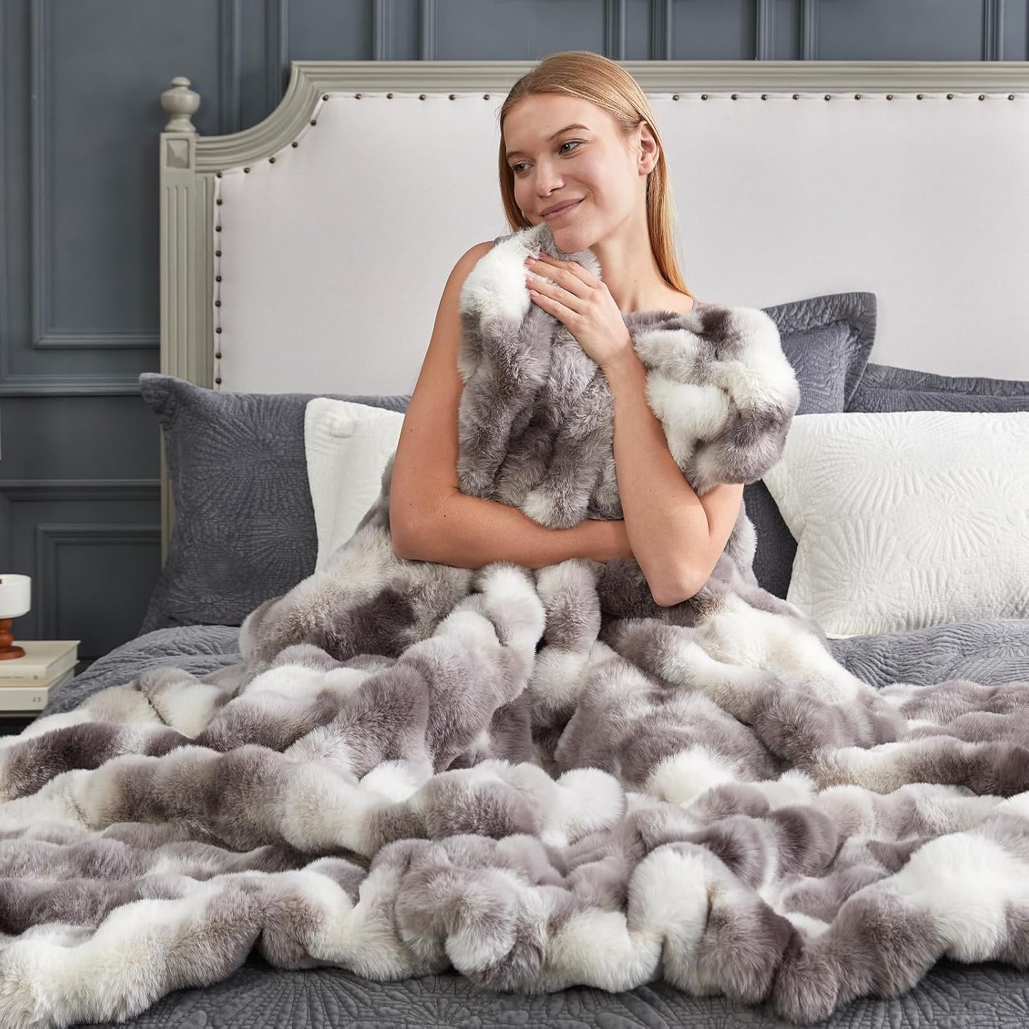 Cozy Bliss Faux Fur Throw Blanket for Couch, Fuzzy Soft Plush Thick Bubble Blanket for Sofa Bedroom Living Room, 50 * 60 Inches Tie-dye Taupe - Image 5