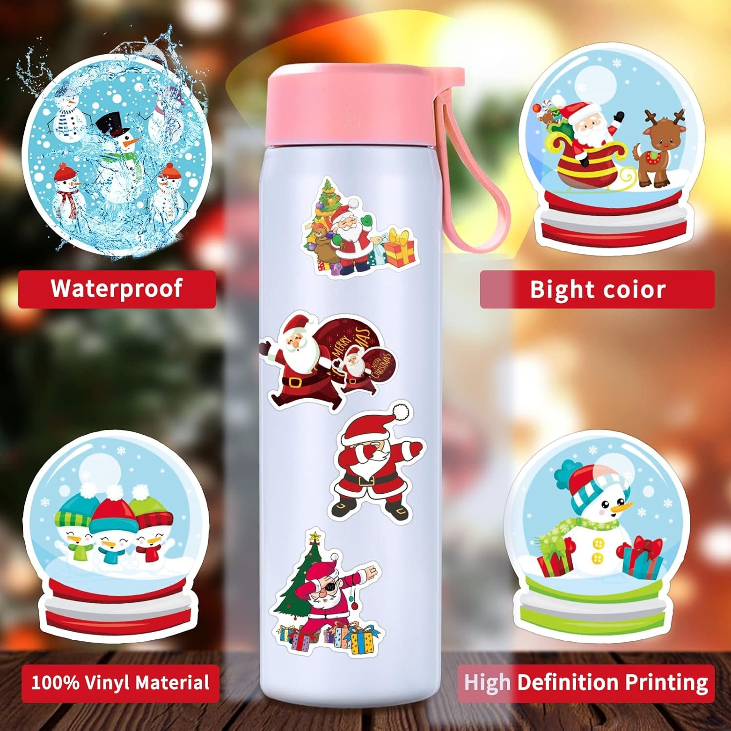 Cobee Christmas Stickers, 100 Pieces Xmas Vinyl Stickers Decals Waterproof Merry Christmas Decoration Stickers Holiday Party Stickers for Water Bottles Scrapbook Laptop Party Favor - Image 6