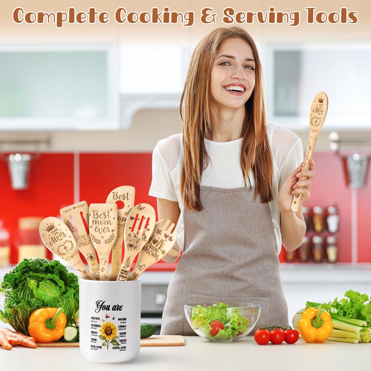 CJiangpo Mom Cooking Utensils Set - Sunflower Ceramic Utensil Holder with 6 Wooden Spoons Spatulas Set, Sunflower Kitchen Decor Cooking Tools Kitchen Gifts for Mom, Christmas Christian Gifts for Women - Image 4