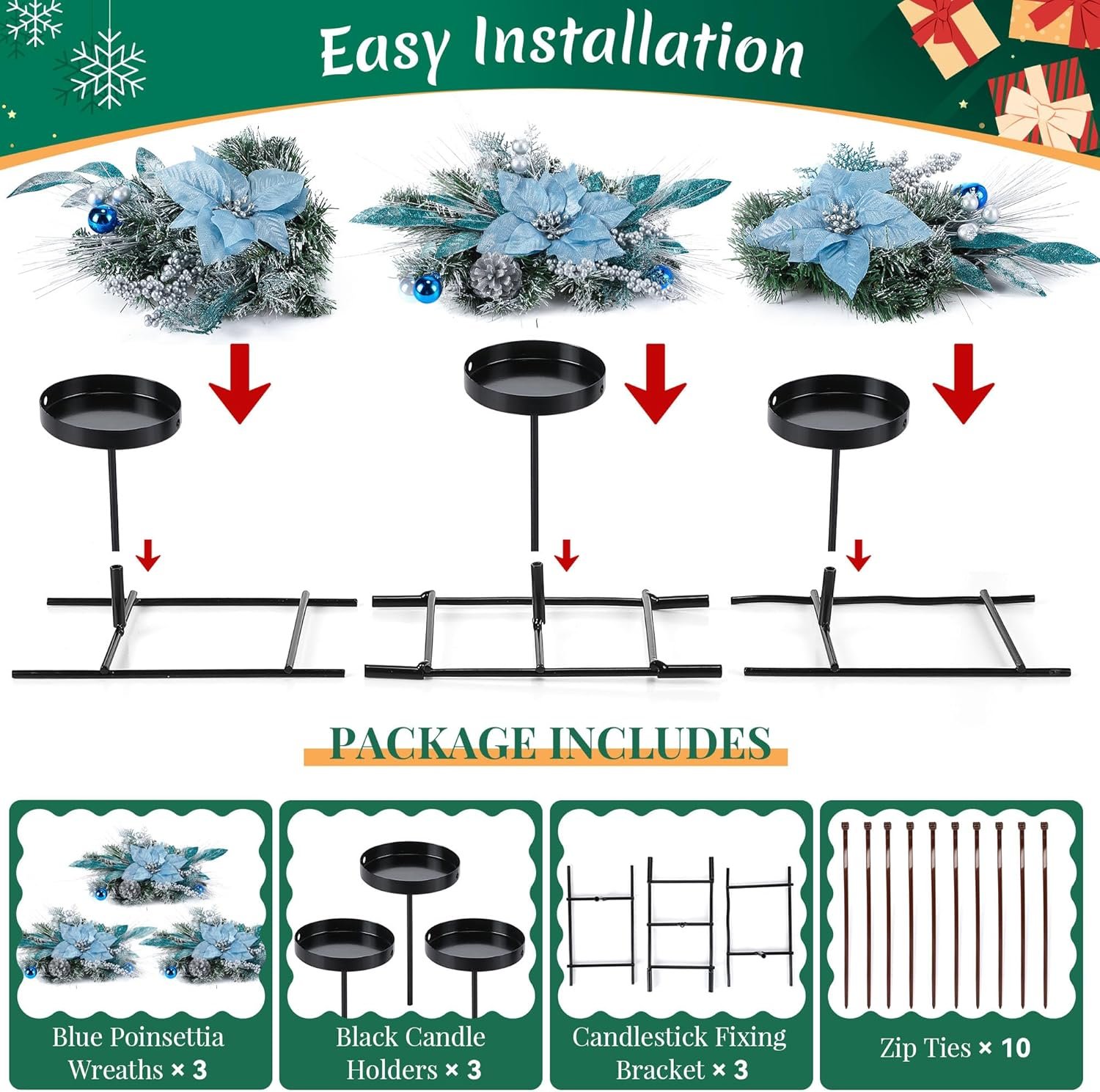 Meonum 37in Christmas Centerpieces for Tables Decorations with 3 Glitter Blue Poinsettia, 3 Candle Holders, 10 Zip Ties, Enchanting Blue Christmas Dining Table Centerpieces Entryway, Mantel, Holiday - Image 8