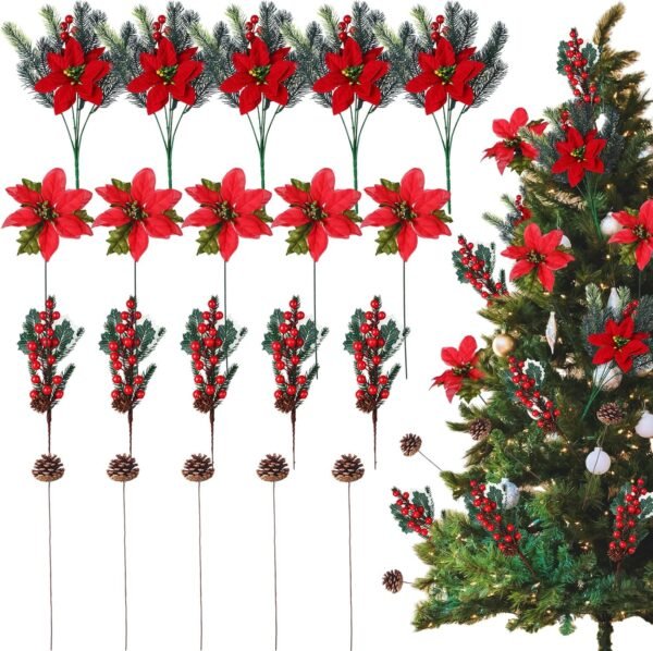 20 Pcs Artificial Christmas Red Flowers Bouquet Floral Pine Cones Holly Berries Stems Floral Picks Branches for Xmas Tree Decoration Vase Crafts Garland Wreath(Red, Green) - Image 5