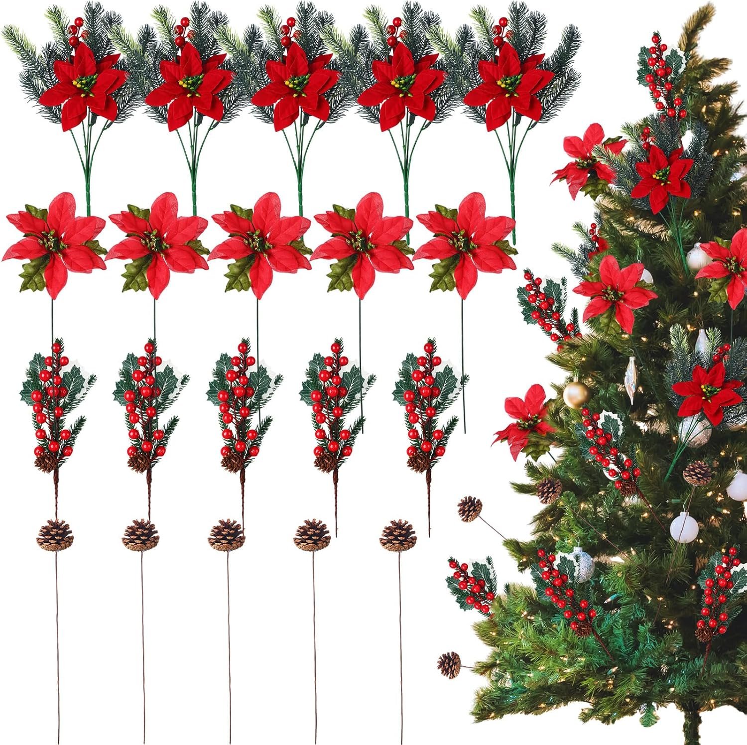 20 Pcs Artificial Christmas Red Flowers Bouquet Floral Pine Cones Holly Berries Stems Floral Picks Branches for Xmas Tree Decoration Vase Crafts Garland Wreath(Red, Green) - Image 5