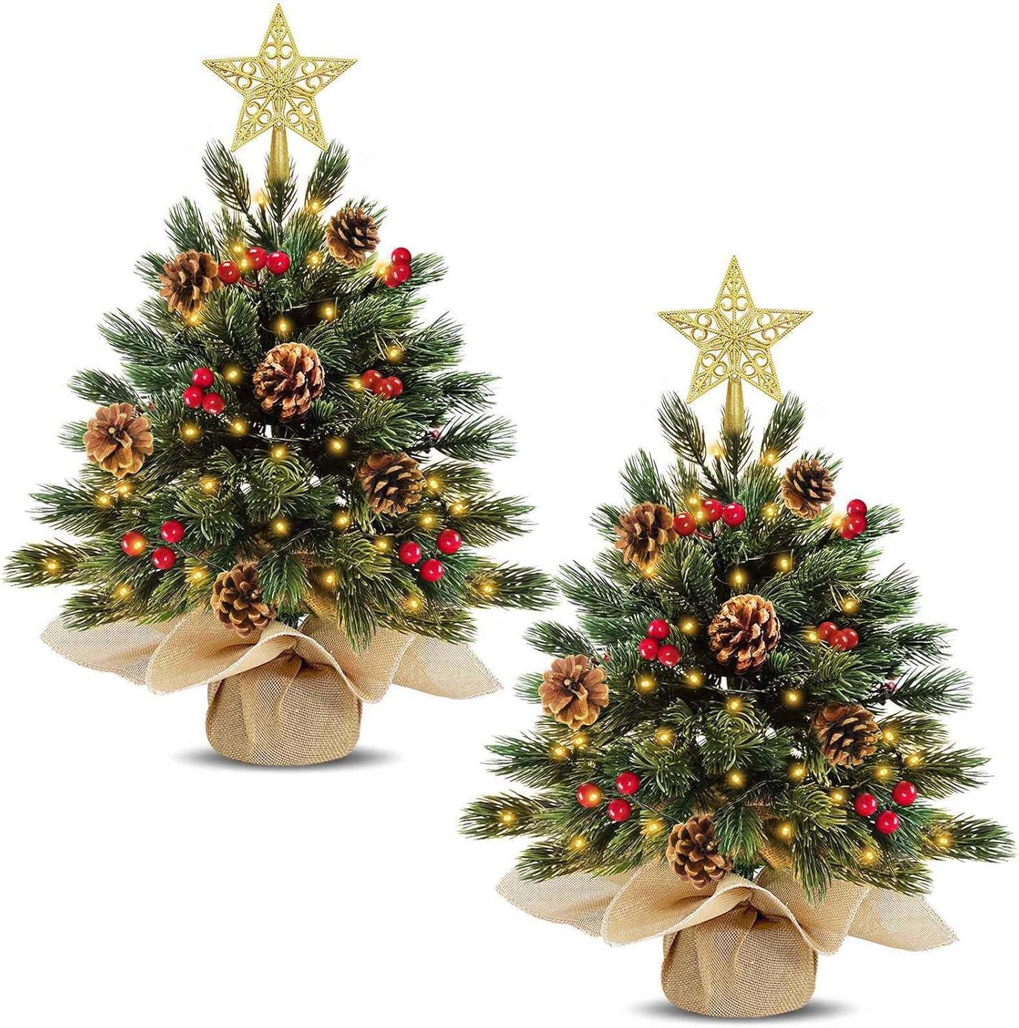 2 Pack 18 Inch Realistic-Feel PE Tabletop Christmas Tree 60 Warm Lights with Timer Battery Operated Cedar Norfolk PE Pine Spruce Mini Small Christmas Tree Red Berry Pinecone Star Xmas Christmas Decor - Image 2