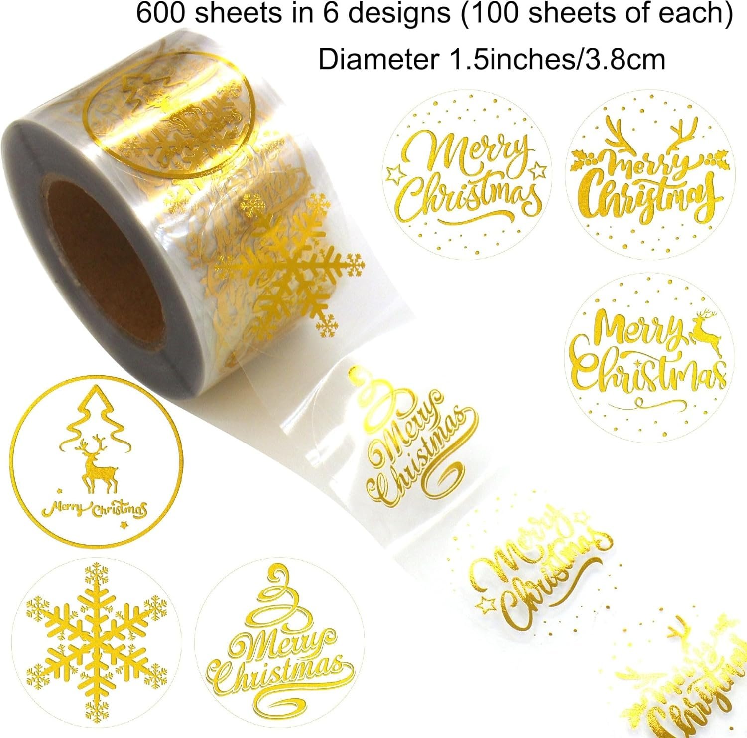 1.5 Inches/600 Christmas Stickers, 6 Clear Gold Foil Designs Merry Christmas Stickers Snowflake Stickers for Christmas Decorations Envelopes Cards Sealing Craft Decor - Image 3