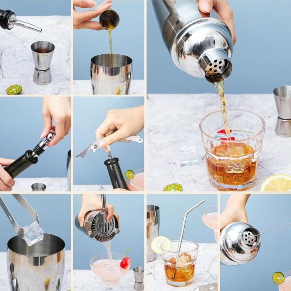 15PCS Cocktail Shaker Set, 750ml/25oz Bartender Kit with Stand & Recipes, Bar Tools Set with All Bar Essential Accessories,Martini Shaker Bartending Kit, for Drink Mixing Home Bar Party, Silver - Image 5