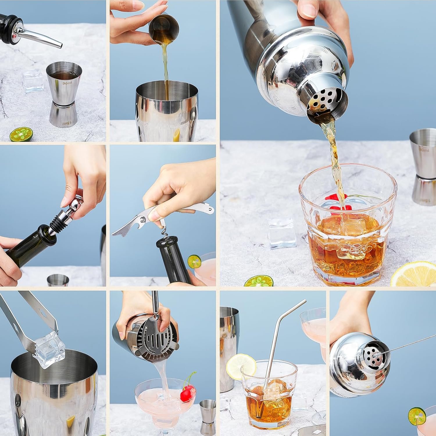 15PCS Cocktail Shaker Set, 750ml/25oz Bartender Kit with Stand & Recipes, Bar Tools Set with All Bar Essential Accessories,Martini Shaker Bartending Kit, for Drink Mixing Home Bar Party, Silver - Image 5
