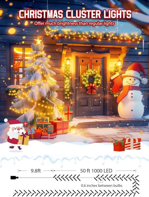 Minetom 50 Ft 1000 LED Cluster Lights Christmas Tree Lights Outdoor Christmas Firecrackers String Lights, 12 Modes Timer Remote Waterproof Plug in Twinkle Fairy Lights for Xmas Tree Garland Party - Image 4