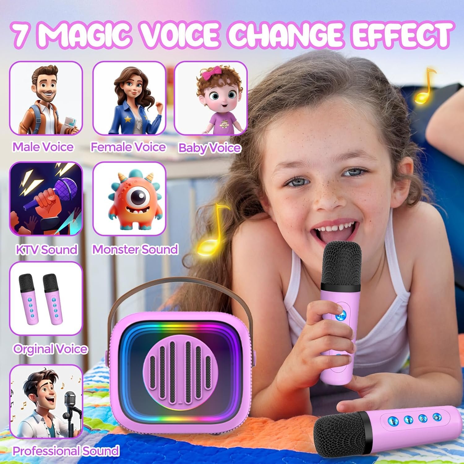 Karaoke Machine for Kids Adults, Portable Mini Karaoke Speaker with 2 Wireless Microphones, Stereo Sound and Colorful Lights, Toys Birthday Gifts for Girls 4, 5, 6, 7, 8, 9, 10, 12+ Years Old Toddler - Image 5