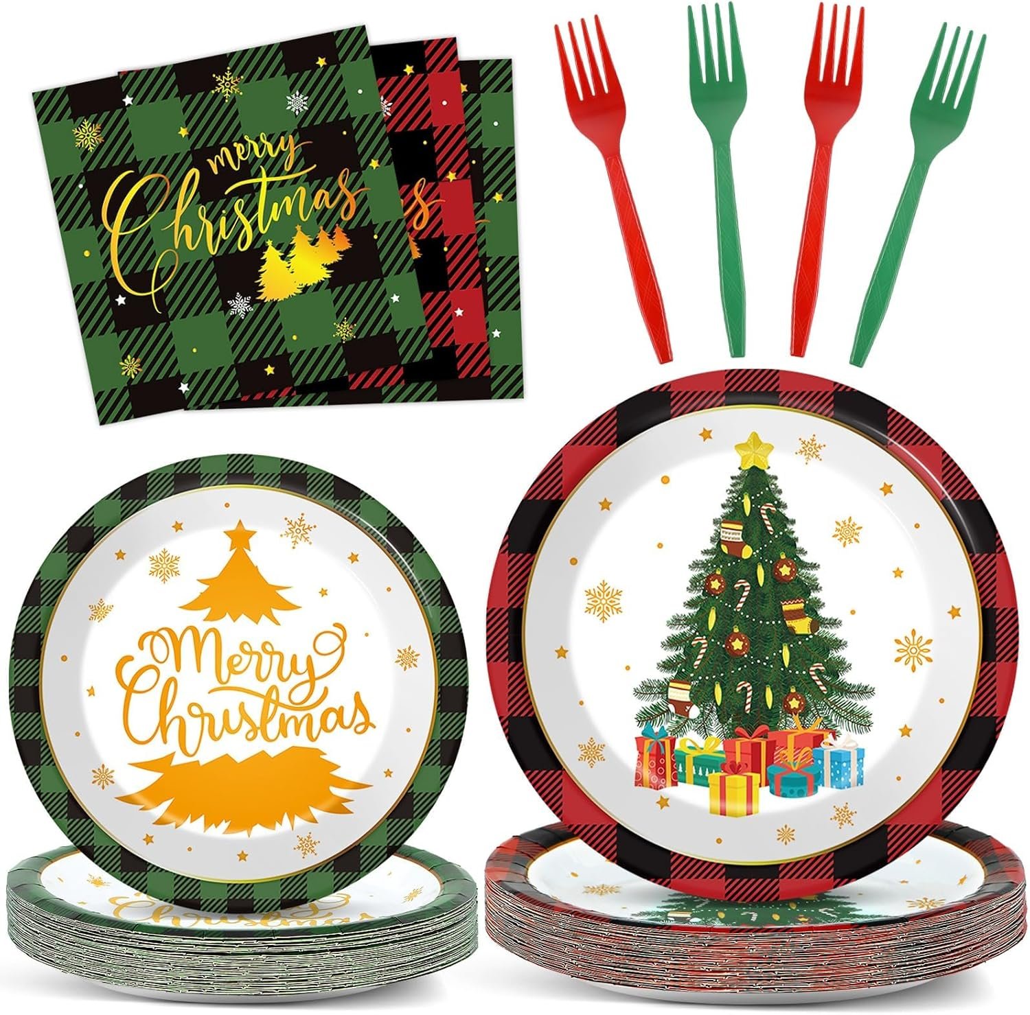 96 Pcs Christmas Paper Plates and Napkins Christmas Xmas Party Supplies Green Red Black Buffalo Plaid Christmas Tree Disposable Tableware Set Merry Christmas Themed Party Favors Holiday Winter Decor - Image 2