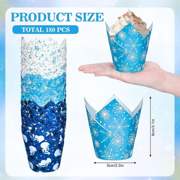 Whaline 180Pcs Winter Snowflake Tulip Cupcake Liners Christmas Snowflake Snowman Muffin Tulip Baking Cups Xmas Blue White Tulip Cupcake Wrappers for Holiday Party Supplies - Image 3