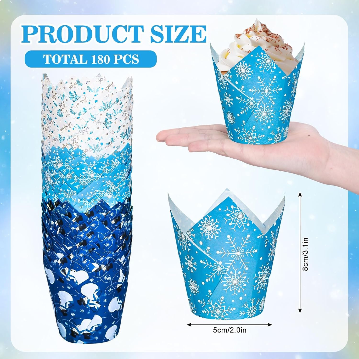 Whaline 180Pcs Winter Snowflake Tulip Cupcake Liners Christmas Snowflake Snowman Muffin Tulip Baking Cups Xmas Blue White Tulip Cupcake Wrappers for Holiday Party Supplies - Image 3