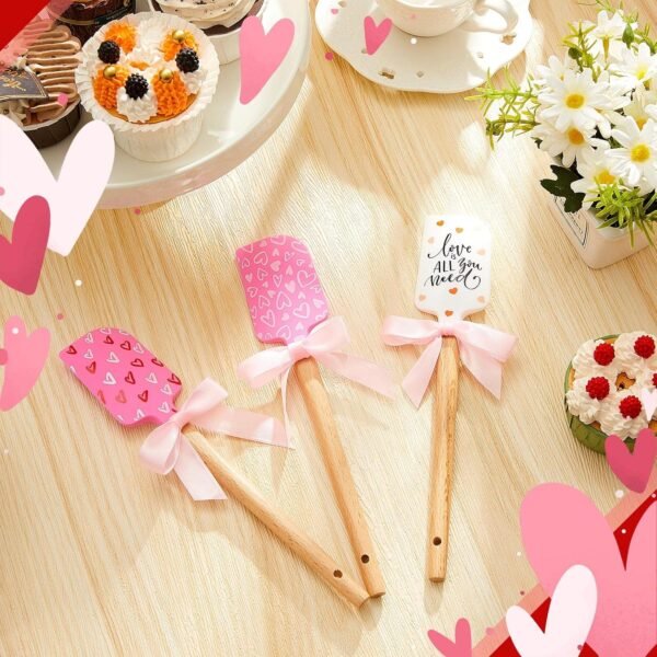 3 Pcs Valentine's Day Silicone Spatulas with Wooden Handles Valentine Pattern Heat Resistant Baking Spatulas Silicone Spatulas with Pink Satin Ribbon Bows for Baking, Cooking and Sauteing - Image 5
