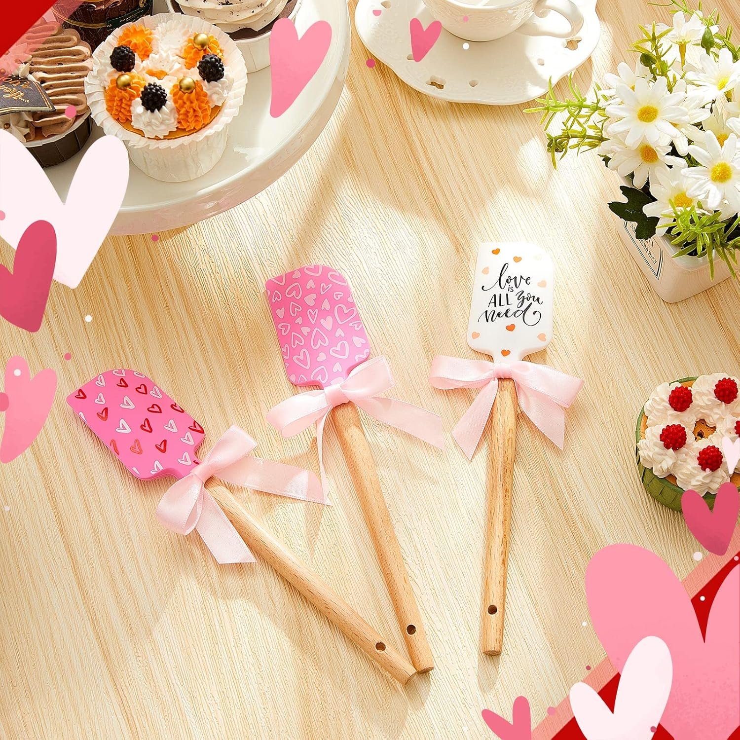 3 Pcs Valentine's Day Silicone Spatulas with Wooden Handles Valentine Pattern Heat Resistant Baking Spatulas Silicone Spatulas with Pink Satin Ribbon Bows for Baking, Cooking and Sauteing - Image 5