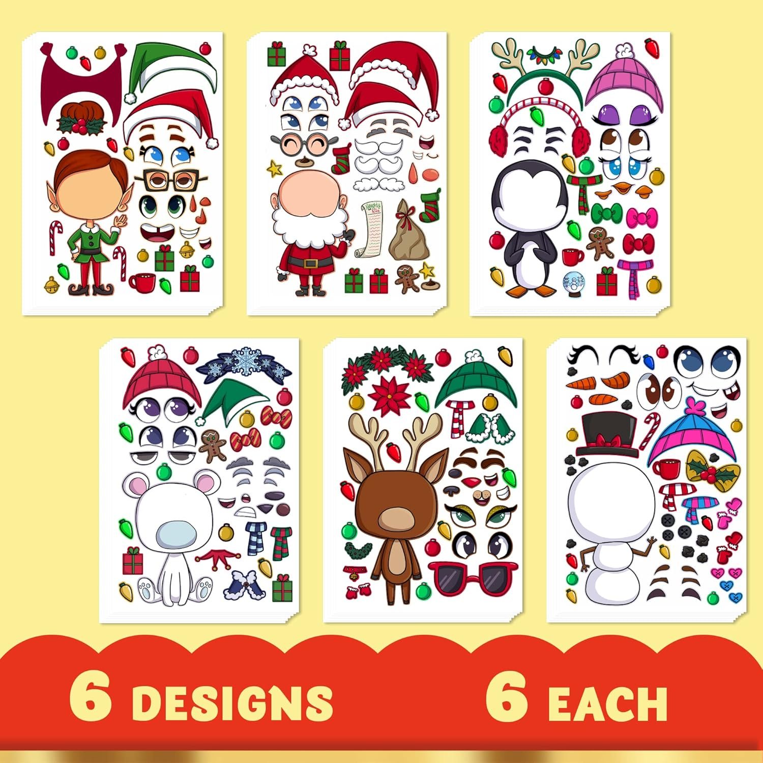 JOYIN 36 Pcs Christmas Make-a-face Sticker Sheets Make Your Own Xmas Characters Mix and Match Sticker with Full Body Design Reindeer, Snowman, Elf, for Kids Party Favor Art Craft Classroom Activities - Image 3