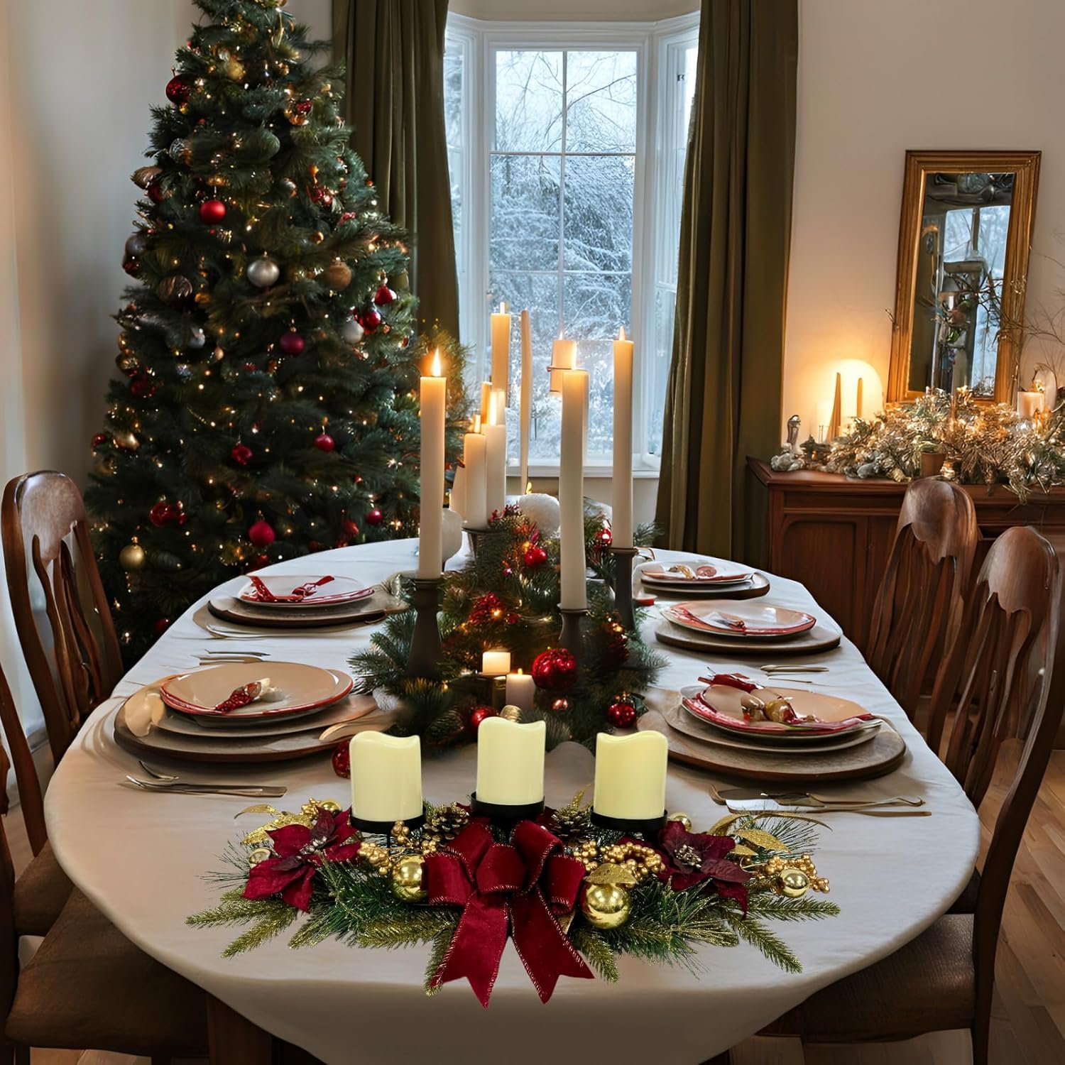 Christmas Candle Holder Christmas Decorations 3 Candle Holders with Red Poinsettia Flowers Decorative Bow Golden Pine Branches Pinecones Berries for Table Centerpiece - Image 6