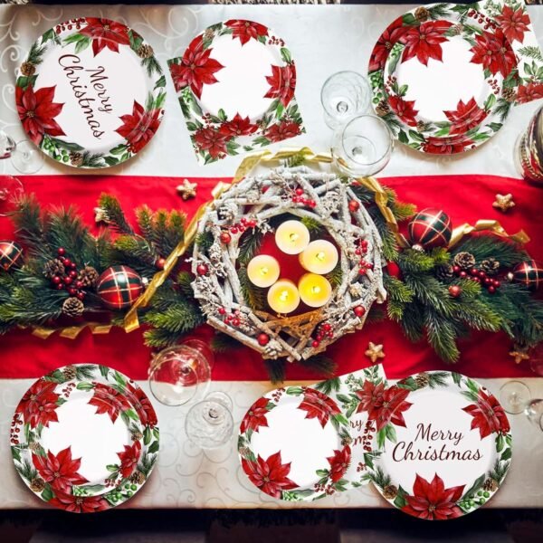 96Pcs Christmas Paper Plates and Napkins Set Poinsettia Flower Christmas Plates Disposable 350GSM Merry Christmas Party Tableware Set for Christmas Wedding Party Holiday Xmas Decorations, Serves 24 - Image 6