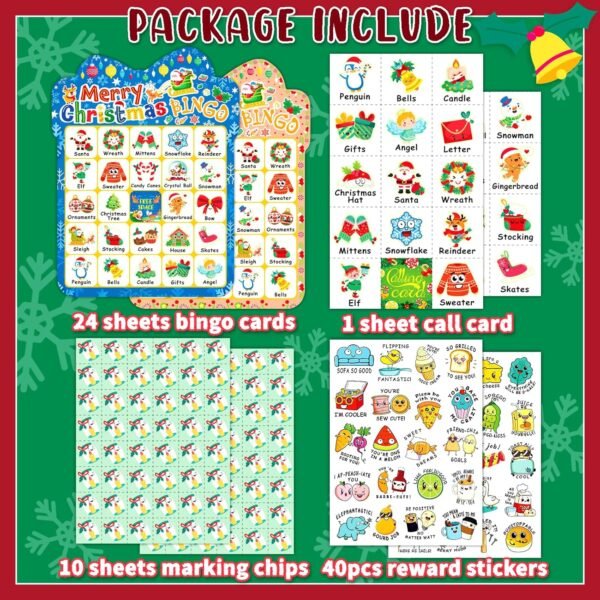 39Pcs Christmas Bingo Cards, 24 Players Cute Christmas Bingo Game for Kids Adults Party Supplies Family Games Activities Xmas Festival - Image 3