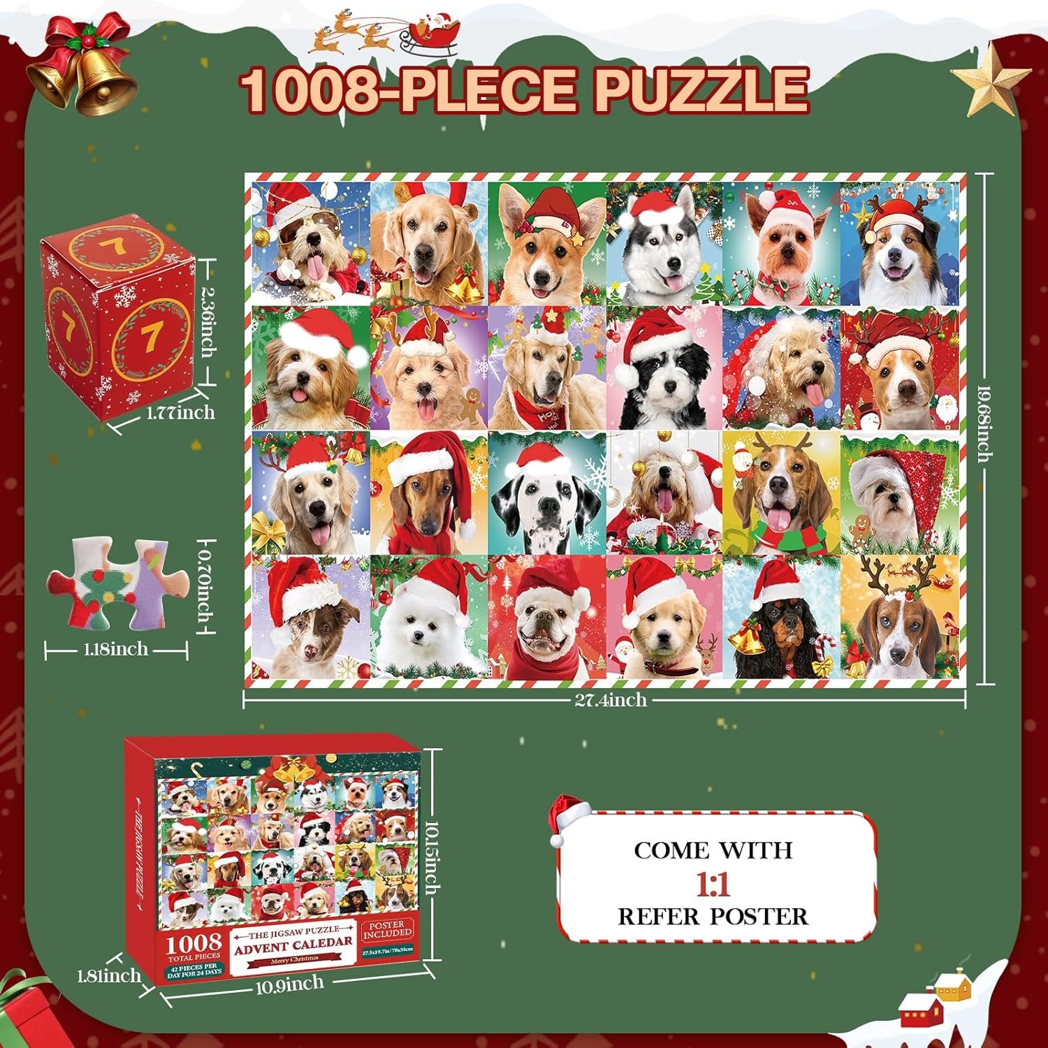 Advent Calendar 2024 Christmas Jigsaw Puzzles, Christmas Dogs Jigsaw Puzzles 1008 Pieces Puzzle 24 Days Christmas Countdown Calendar Family Game Christmas Gifts for Kids Teens Adults - Image 7