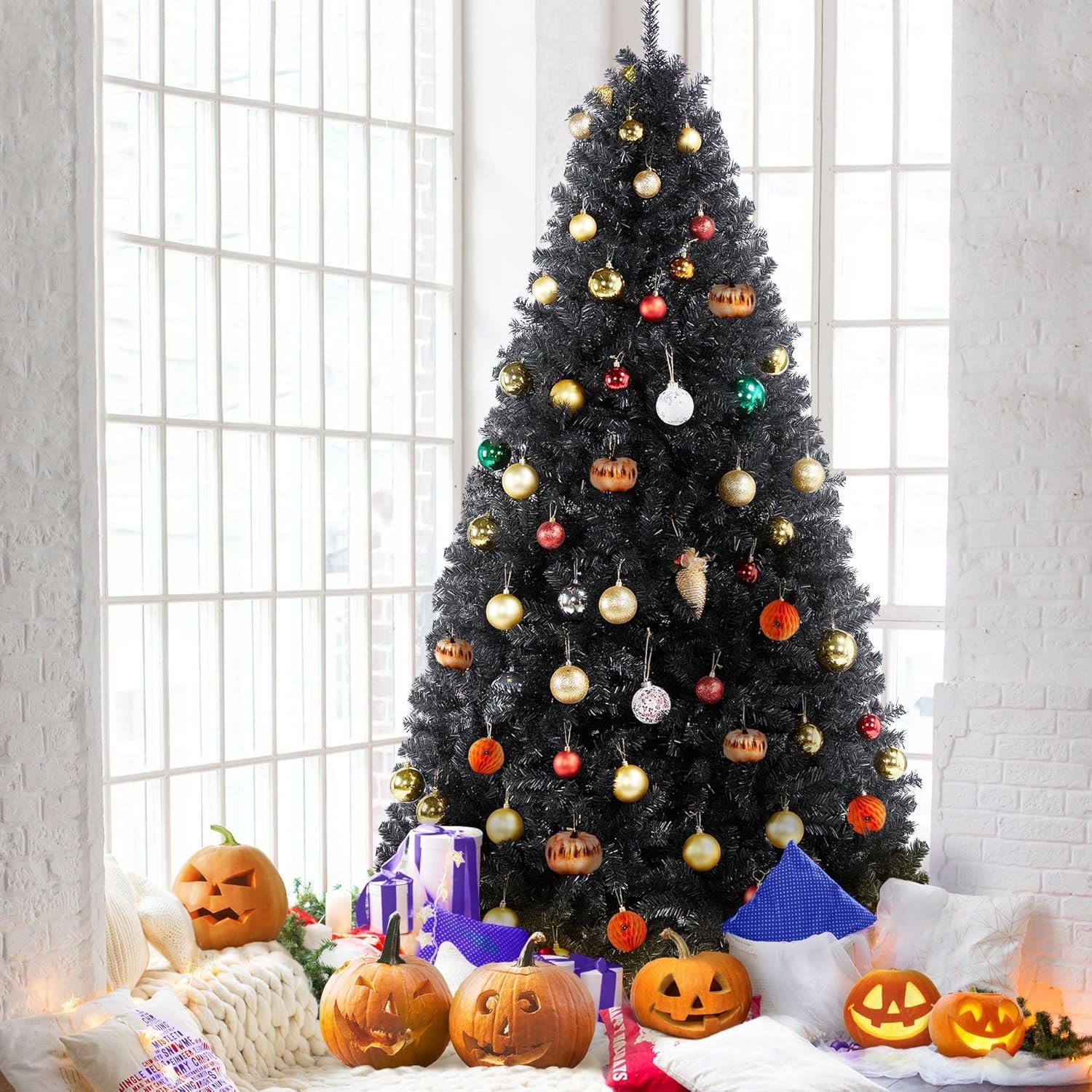 Yaheetech 7.5ft Black Artificial Christmas Pine Tree Seasonal Holiday Carnival Home Party Decoration for Home, Office Indoor Outdoor with 1749 Branch Tips and Foldable Stand - Image 9