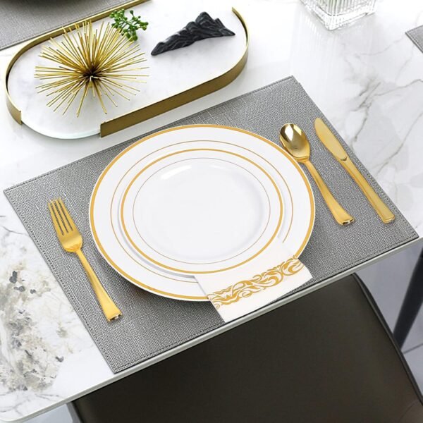 BAYZZ 175 Piece Gold Dinnerware Set, 25 Guest Gold Rim Plastic Plates, 25 Gold Plastic Silverware, 25 Gold Cups, 25 Gold Napkins, Disposable Dinnerware Set 25 Guest, For Wedding, Party - Image 9