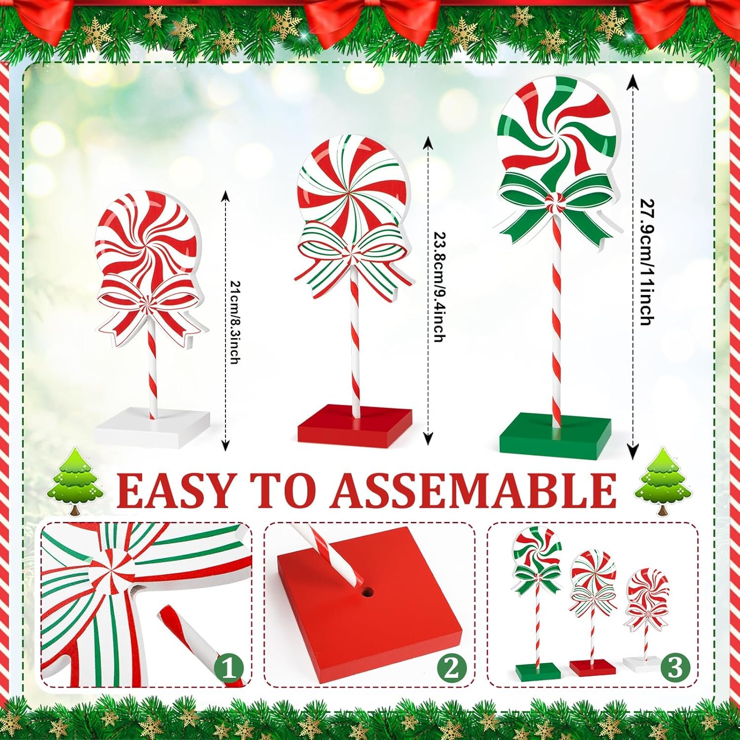 3 Pieces Christmas Table Decorations Wood Candy Set, Red Christmas Tiered Tray Decor,Rustic Christmas Candy Table Decorations for Home Tables(Classic) - Image 3