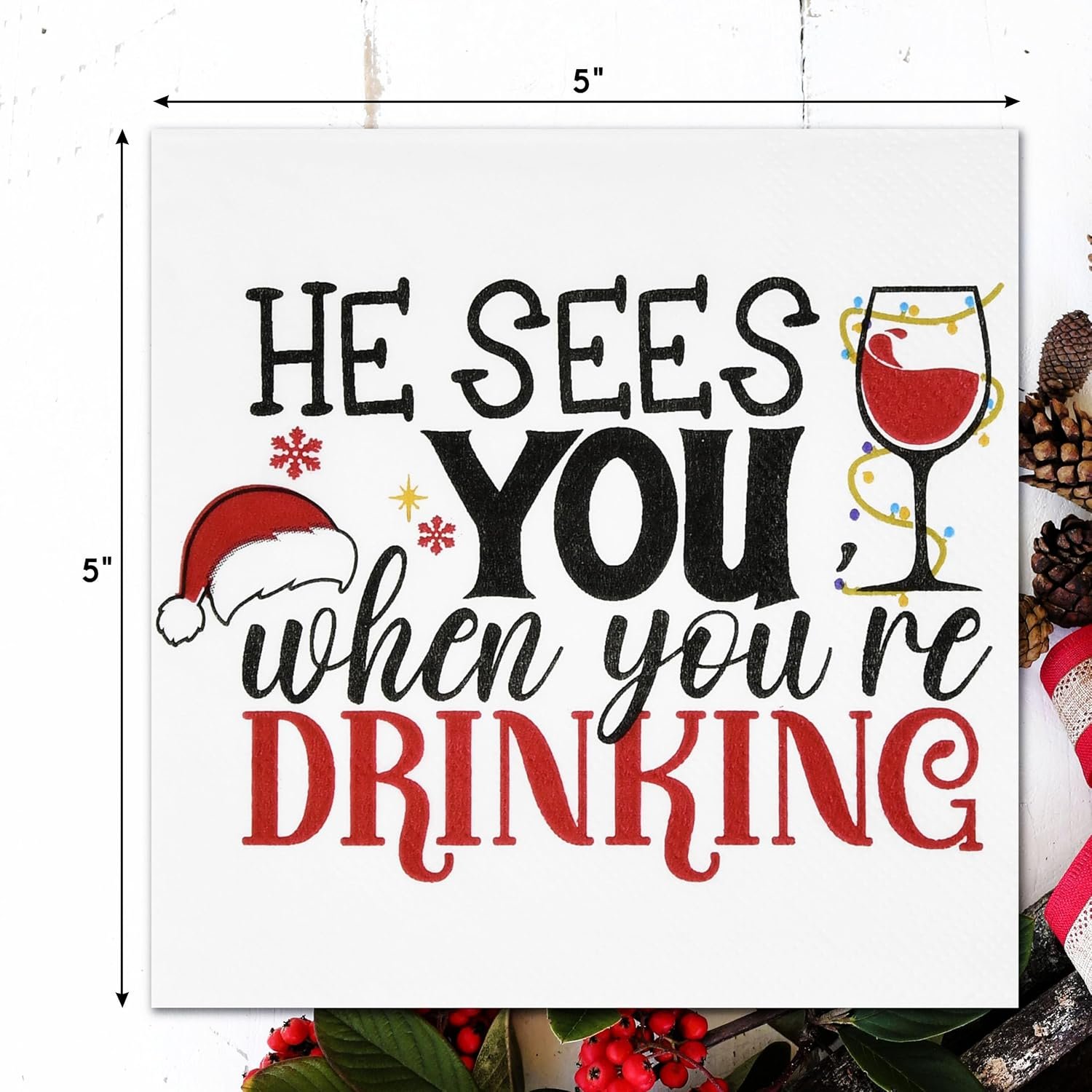100 Count Christmas Funny Cocktail Beverage Napkins Holiday Disposable Paper Napkin He Sees You When You're Drinking Dessert Napkins for Home Dinner Buffet Xmas Tableware Party Supplies Decorations - Image 3