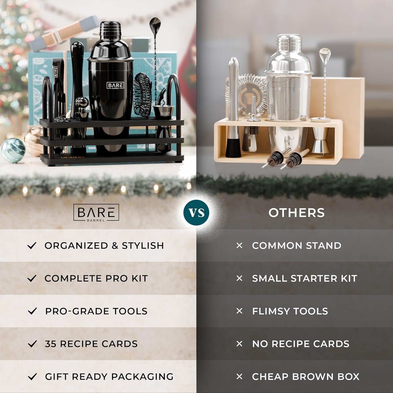 BARE BARREL® Mixology Bartender Kit Bar Set | 14-Piece Cocktail Shaker Set | Martini Barware Mixing Tools for Home Bartending | 35 Recipe Cards | Gift Set (24oz Cobbler Shaker, Jet Black/Black) - Image 8