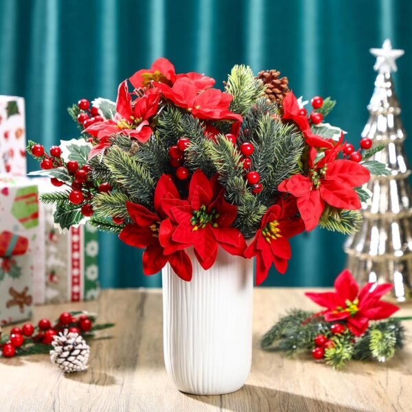 20 Pcs Artificial Christmas Red Flowers Bouquet Floral Pine Cones Holly Berries Stems Floral Picks Branches for Xmas Tree Decoration Vase Crafts Garland Wreath(Red, Green) - Image 6