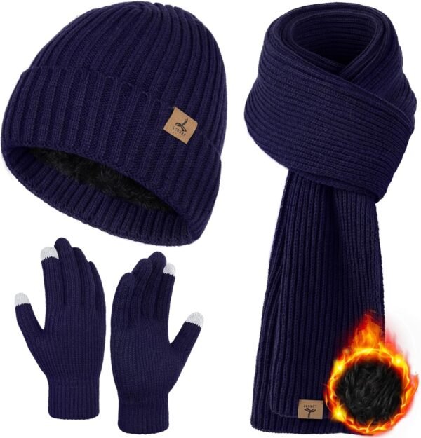 3 PCS Winter Hat Scarf Gloves Set, Soft Warm Knit Beanie Hat Touchscreen Gloves Long Knitted Scarf Set Winter Gifts for Men - Image 2