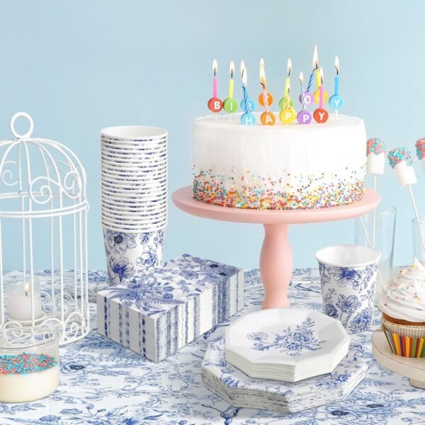 Dandat 402 Pcs Disposable Tableware Set Serve 50 Baby Shower Party Decorations Birthday Party Supplies Set Disposable Plates and Napkins Plastic Tablecloths for Baby Shower(Blue,Floral) - Image 4