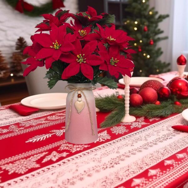 Artificial Poinsettia Christmas Flower Arrangement in Pink Vase, Festive Red Faux Flowers with Heart Charm for Home, Office & Holiday Décor - Image 5